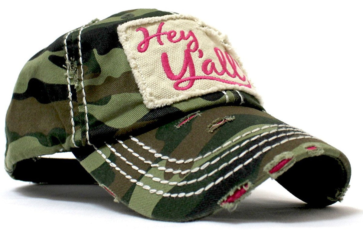 CAPS 'N VINTAGE New!! Army Camoflauge/Pink Hey Y'all! Patch Embroidery Baseball Hat - Caps 'N Vintage 