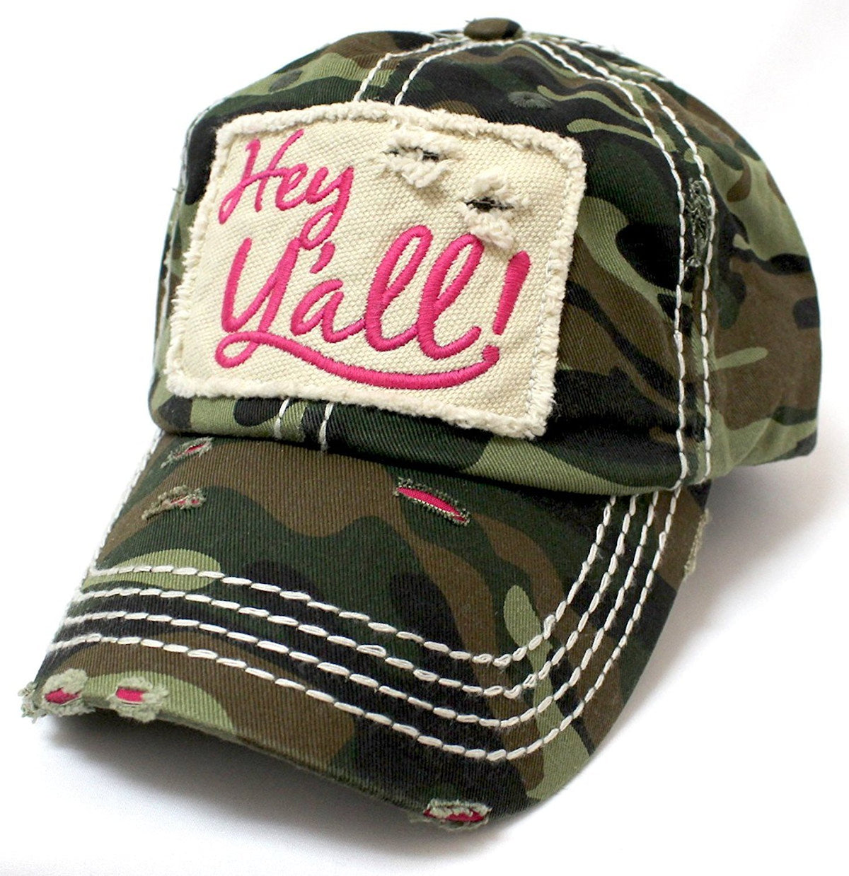 CAPS 'N VINTAGE New!! Army Camoflauge/Pink Hey Y'all! Patch Embroidery Baseball Hat - Caps 'N Vintage 