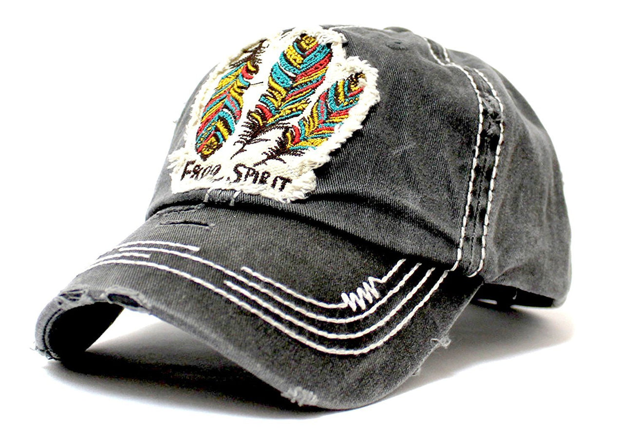 Charcoal Triple Feather "Free Spirit" Patch--Vintage Cap w/ Back Feather Detail - Caps 'N Vintage 