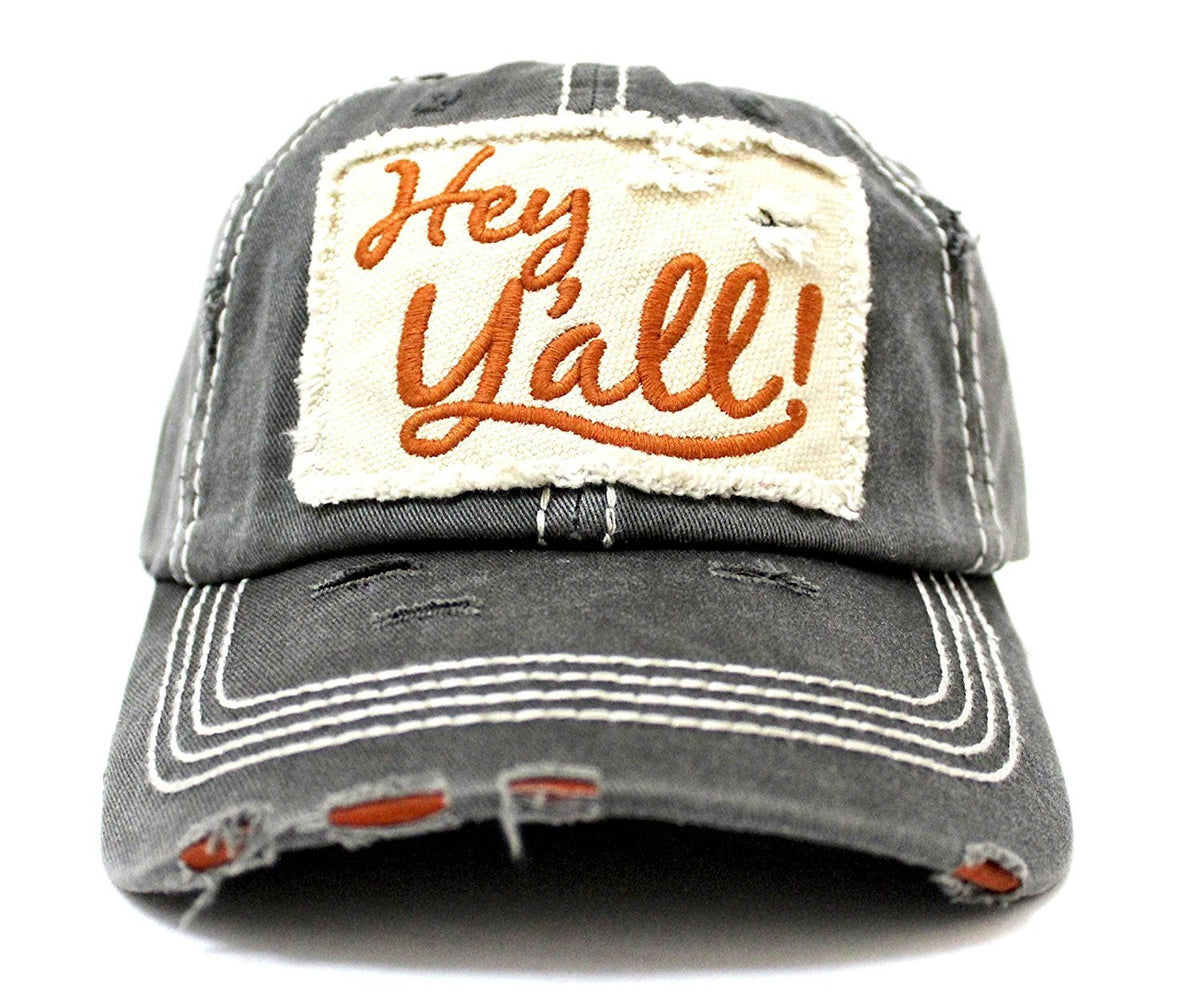 Charcoal/Rust "Hey Y'all!" Patch Embroidery Cap w/ Contrast Stitching & Distressed Details - Caps 'N Vintage 