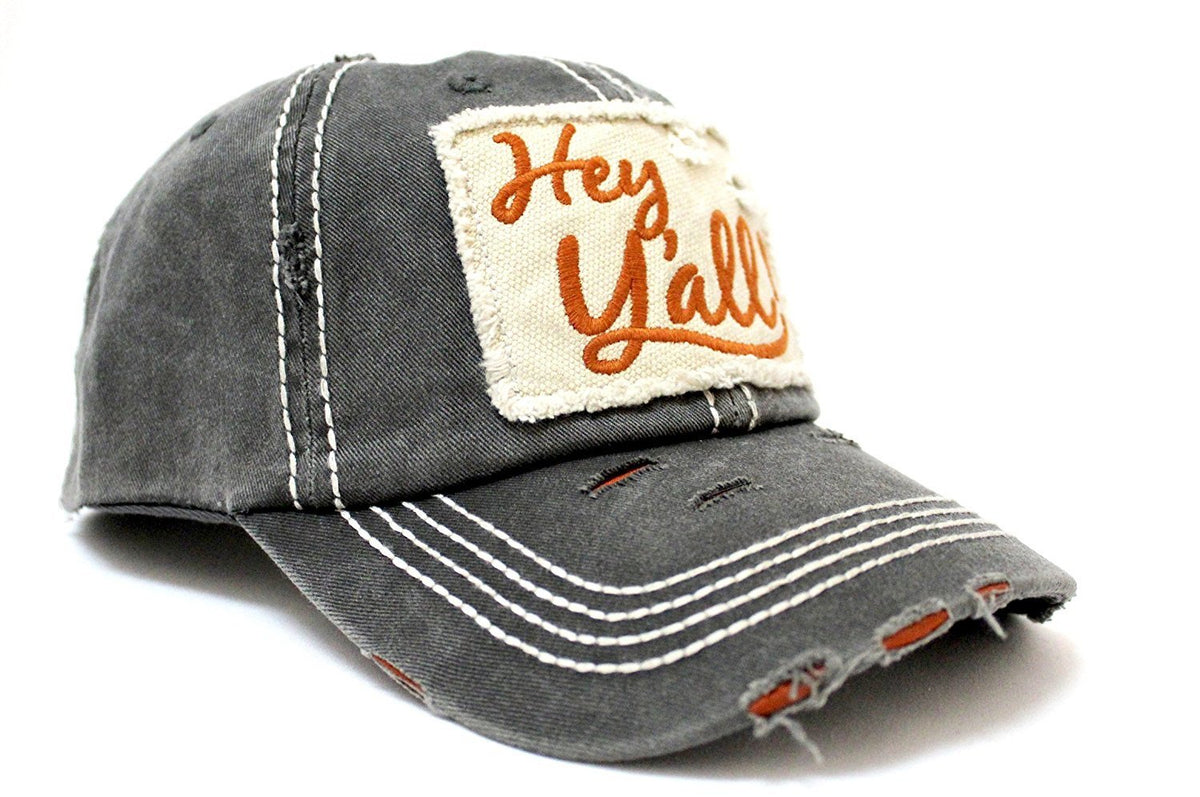 Charcoal/Rust "Hey Y'all!" Patch Embroidery Cap w/ Contrast Stitching & Distressed Details - Caps 'N Vintage 