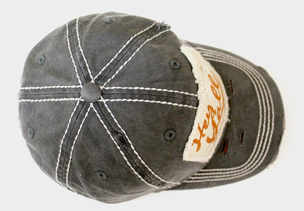 Charcoal/Rust "Hey Y'all!" Patch Embroidery Cap w/ Contrast Stitching & Distressed Details - Caps 'N Vintage 