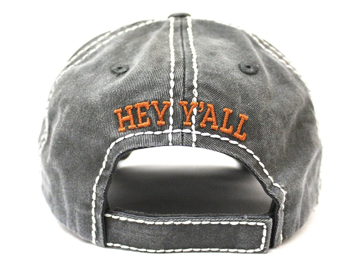 Charcoal/Rust "Hey Y'all!" Patch Embroidery Cap w/ Contrast Stitching & Distressed Details - Caps 'N Vintage 