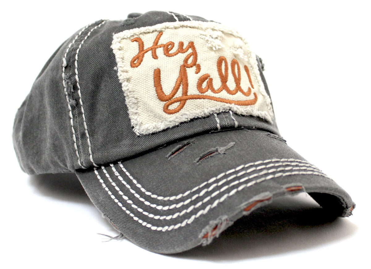 Charcoal/Rust "Hey Y'all!" Patch Embroidery Cap w/ Contrast Stitching & Distressed Details - Caps 'N Vintage 