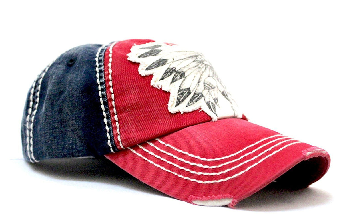 "Chief Skull" Patch on RED Vintage Inspired Adjustable Cap w/ NAVY Back Paneling - Caps 'N Vintage 