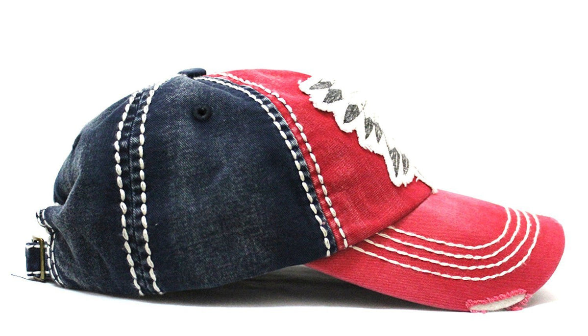 "Chief Skull" Patch on RED Vintage Inspired Adjustable Cap w/ NAVY Back Paneling - Caps 'N Vintage 
