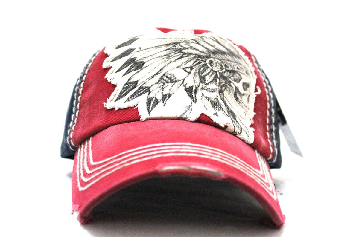 "Chief Skull" Patch on RED Vintage Inspired Adjustable Cap w/ NAVY Back Paneling - Caps 'N Vintage 