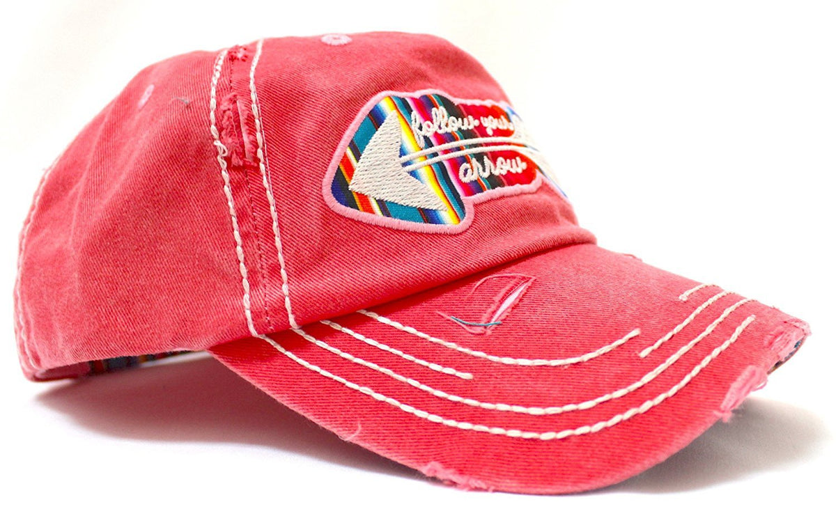 CORAL PINK "Follow Your Arrow" Embroidery Patched, Serape-Color Theme Distressed Cap - Caps 'N Vintage 