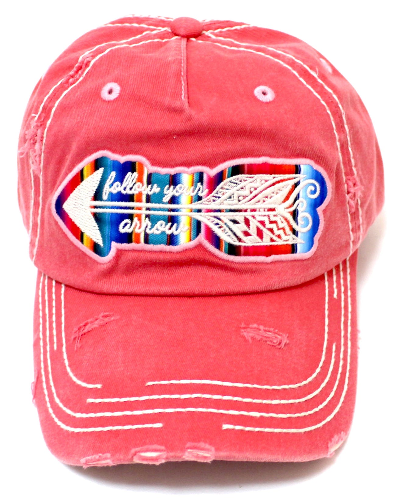CORAL PINK "Follow Your Arrow" Embroidery Patched, Serape-Color Theme Distressed Cap - Caps 'N Vintage 
