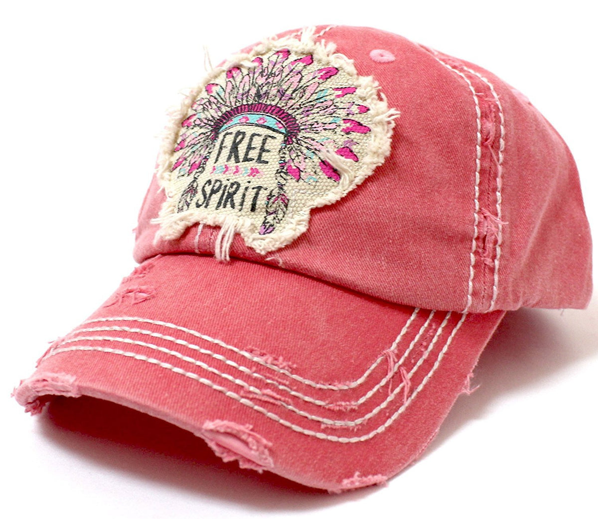 Coral Pink "FREE SPIRIT" CHIEF HEADDRESS Patchwork Vintage Baseball Hat - Caps 'N Vintage 