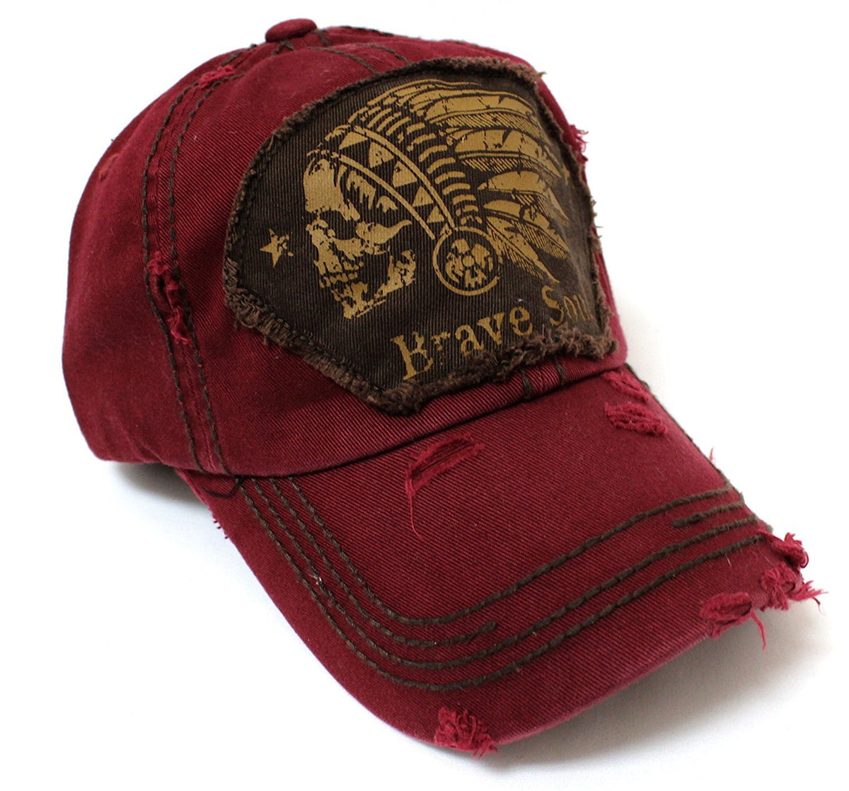 DARK BURGUNDY Chief Skull "Brave Soul" Embroidery Patch Vintage Baseball Hat - Caps 'N Vintage 