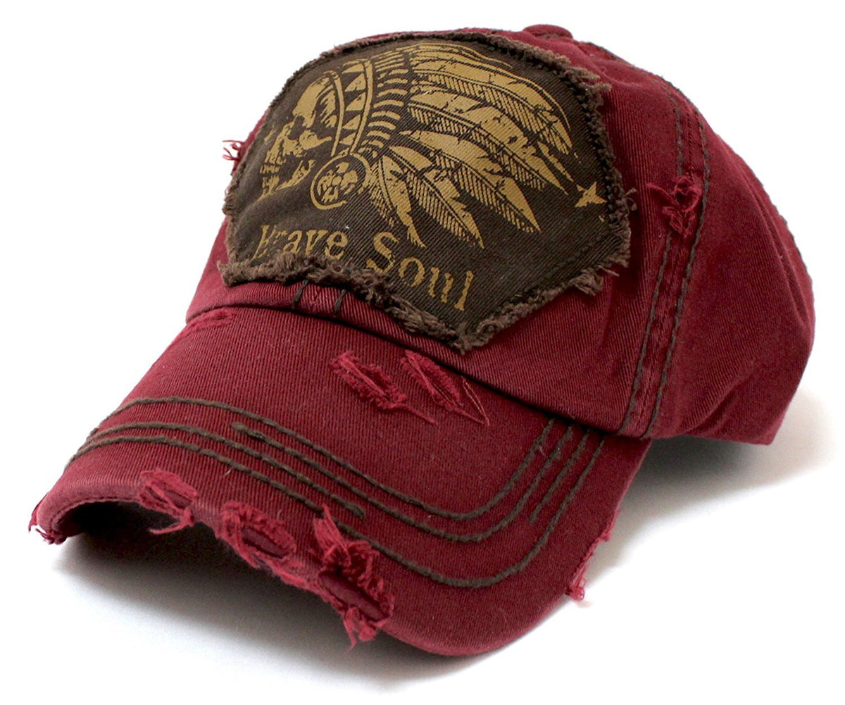DARK BURGUNDY Chief Skull "Brave Soul" Embroidery Patch Vintage Baseball Hat - Caps 'N Vintage 