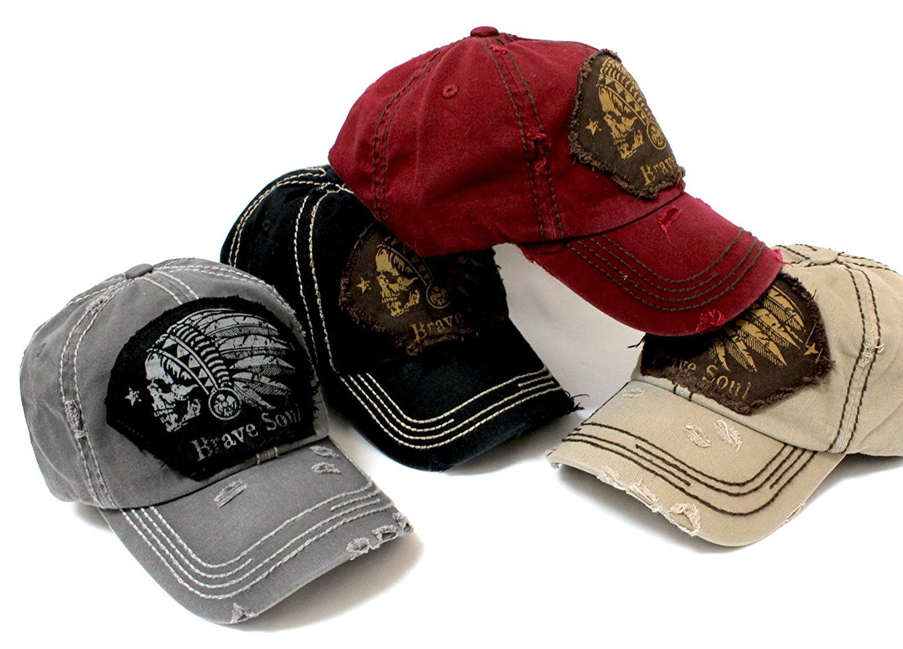 DARK BURGUNDY Chief Skull "Brave Soul" Embroidery Patch Vintage Baseball Hat - Caps 'N Vintage 