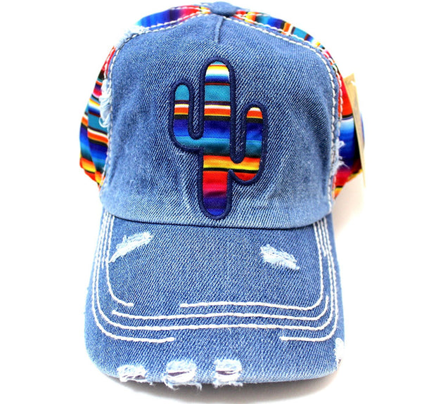 DENIM BLUE Serape-Colored CACTUS Embroidery on Vintage Style, Distressed Cap - Caps 'N Vintage 