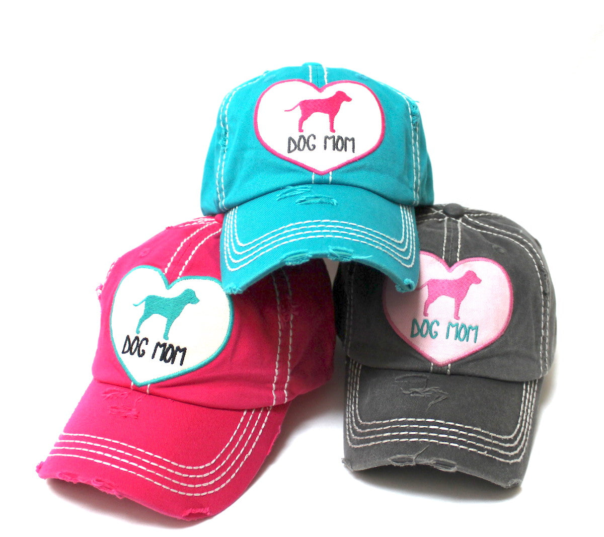 Women's Love Pink Cap Dog MOM Heart Patch Embroidery, Turquoise - Caps 'N Vintage 