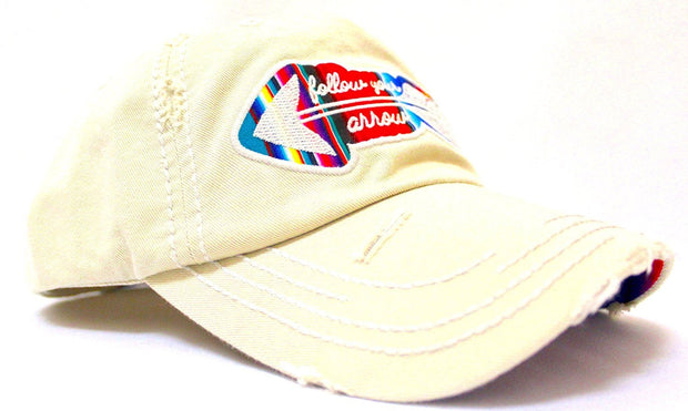 "Follow Your Arrow" Serape Patch on Ivory Distressed Vintage Cap - Caps 'N Vintage 