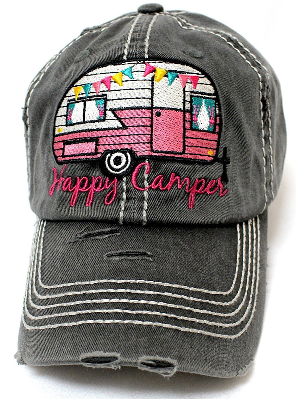 Grey "Happy Camper" Distressed Embroidery Hat - Caps 'N Vintage 