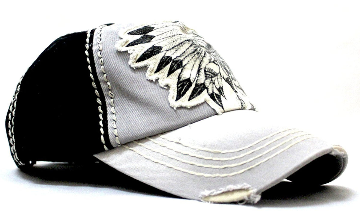 GREY/BLACK TRIBAL CHIEF SKULL ADJUSTABLE VINTAGE CAP - Caps 'N Vintage 