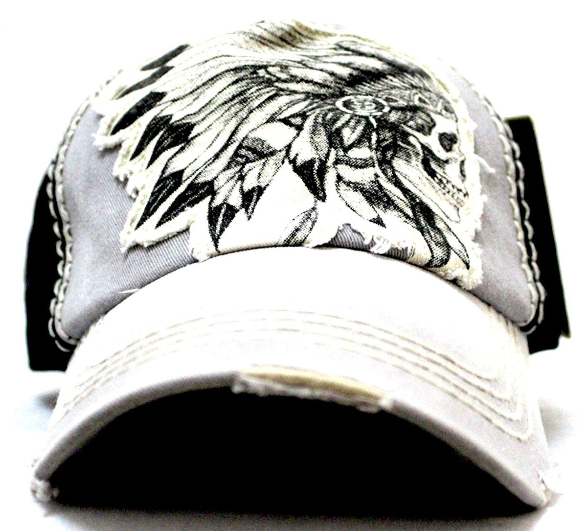 GREY/BLACK TRIBAL CHIEF SKULL ADJUSTABLE VINTAGE CAP - Caps 'N Vintage 