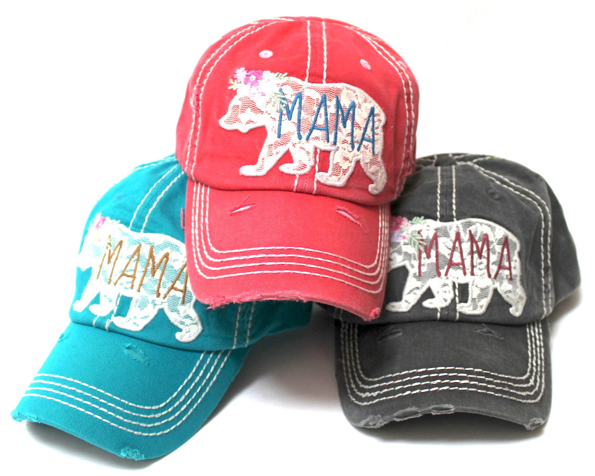 Women's Vintage Mama Graphic Cap, Spring Floral Lace Bear Embroidery, Turquoise - Caps 'N Vintage 