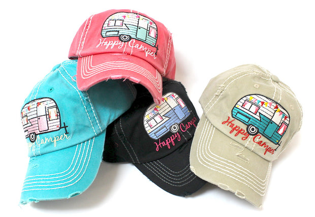 BLACK "Happy Camper" Embroidery Distressed Vintage Cap - Caps 'N Vintage 