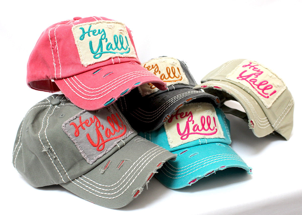 New!! MOSS "Hey Y'all!" Patch Embroidery Cap w/ Contrast Stitching & Distressed Details - Caps 'N Vintage 