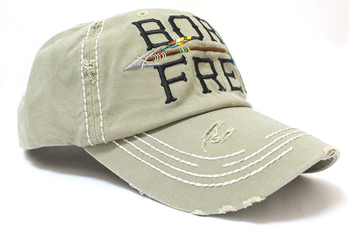 Khaki "BORN FREE" Distressed Baseball Cap w/ Arrow Detail - Caps 'N Vintage 