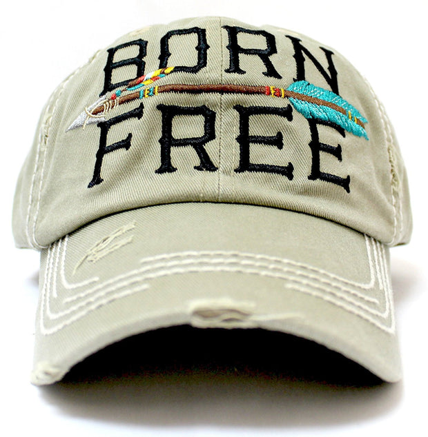 Khaki "BORN FREE" Distressed Baseball Cap w/ Arrow Detail - Caps 'N Vintage 