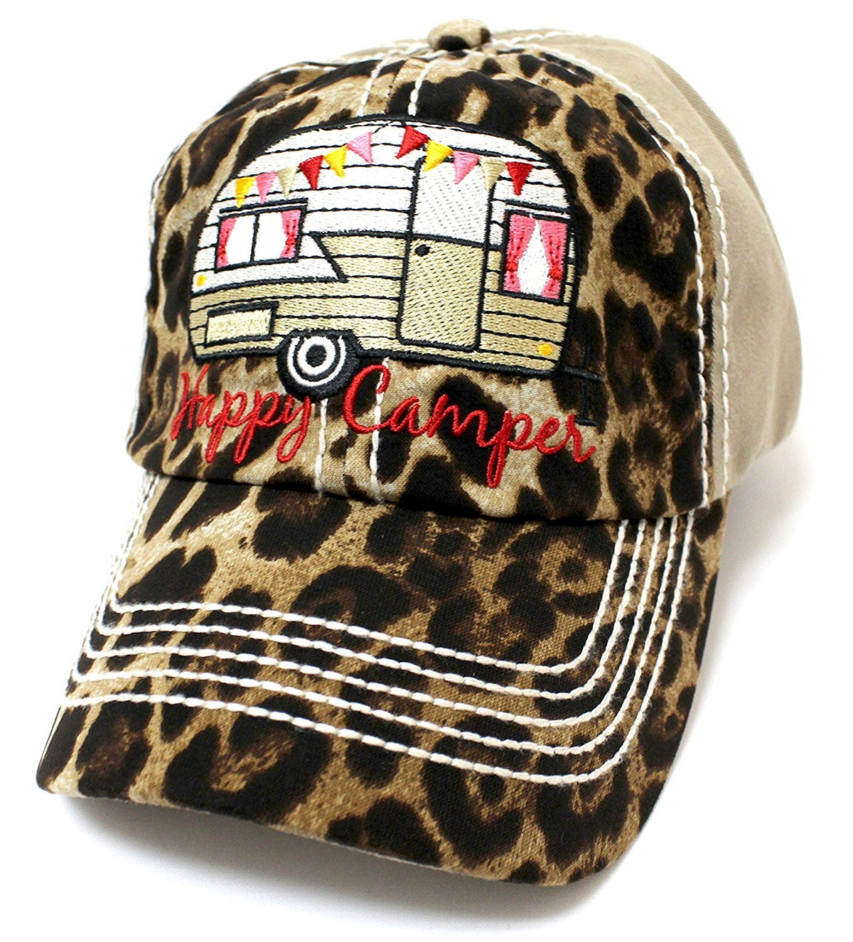KHAKI & LEOPARD "Happy Camper" Embroidery Patch Vintage Hat - Caps 'N Vintage 
