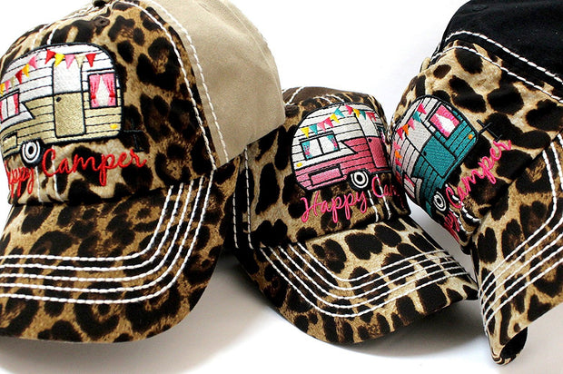KHAKI & LEOPARD "Happy Camper" Embroidery Patch Vintage Hat - Caps 'N Vintage 