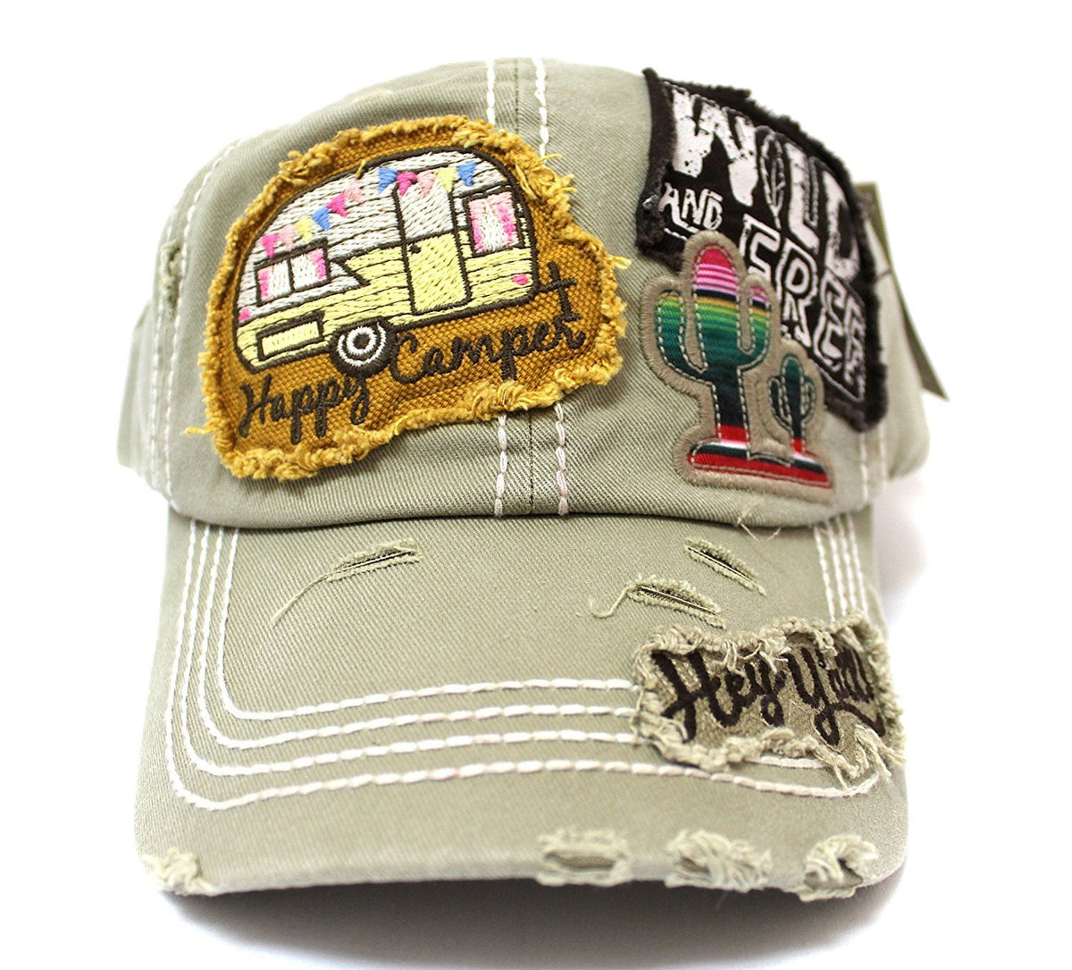 Khaki "Y'ALL, HAPPY CAMPER, WILD FREE" Multi-Patch Embroidered Adjustable Cap - Caps 'N Vintage 
