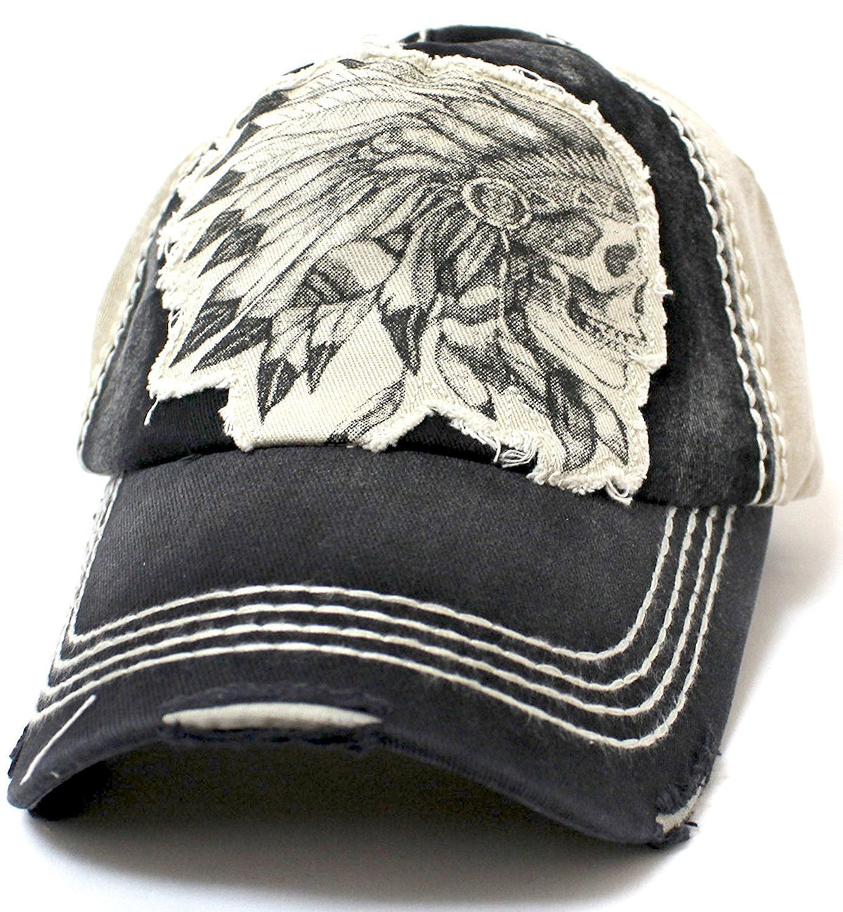 KHAKI/Black Vintage Washed CHIEF HEADDRESS Patch Embroidery Baseball Cap - Caps 'N Vintage 