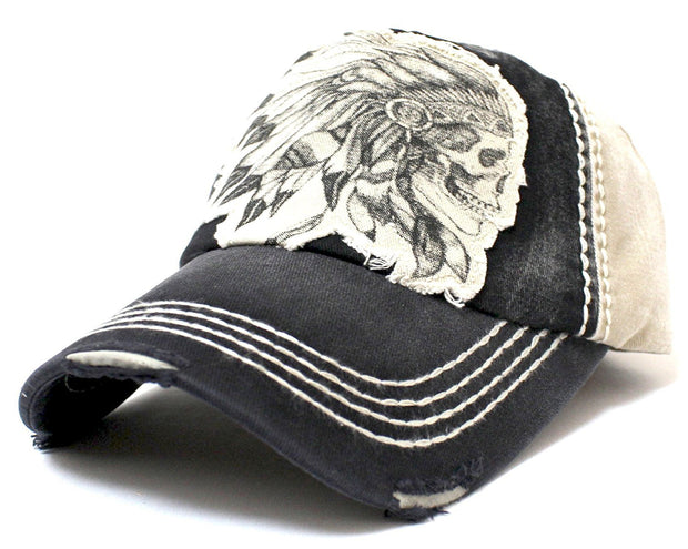 KHAKI/Black Vintage Washed CHIEF HEADDRESS Patch Embroidery Baseball Cap - Caps 'N Vintage 