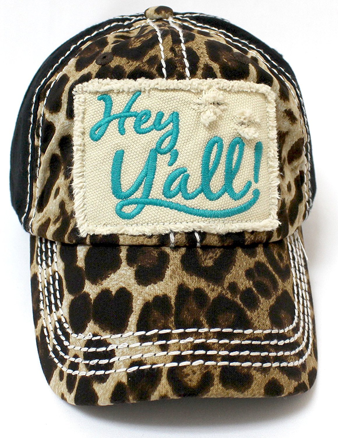 LEOPARD & TURQUOISE "Hey Y'all!" Patch Embroidery Cap/ Vintage Hat - Caps 'N Vintage 