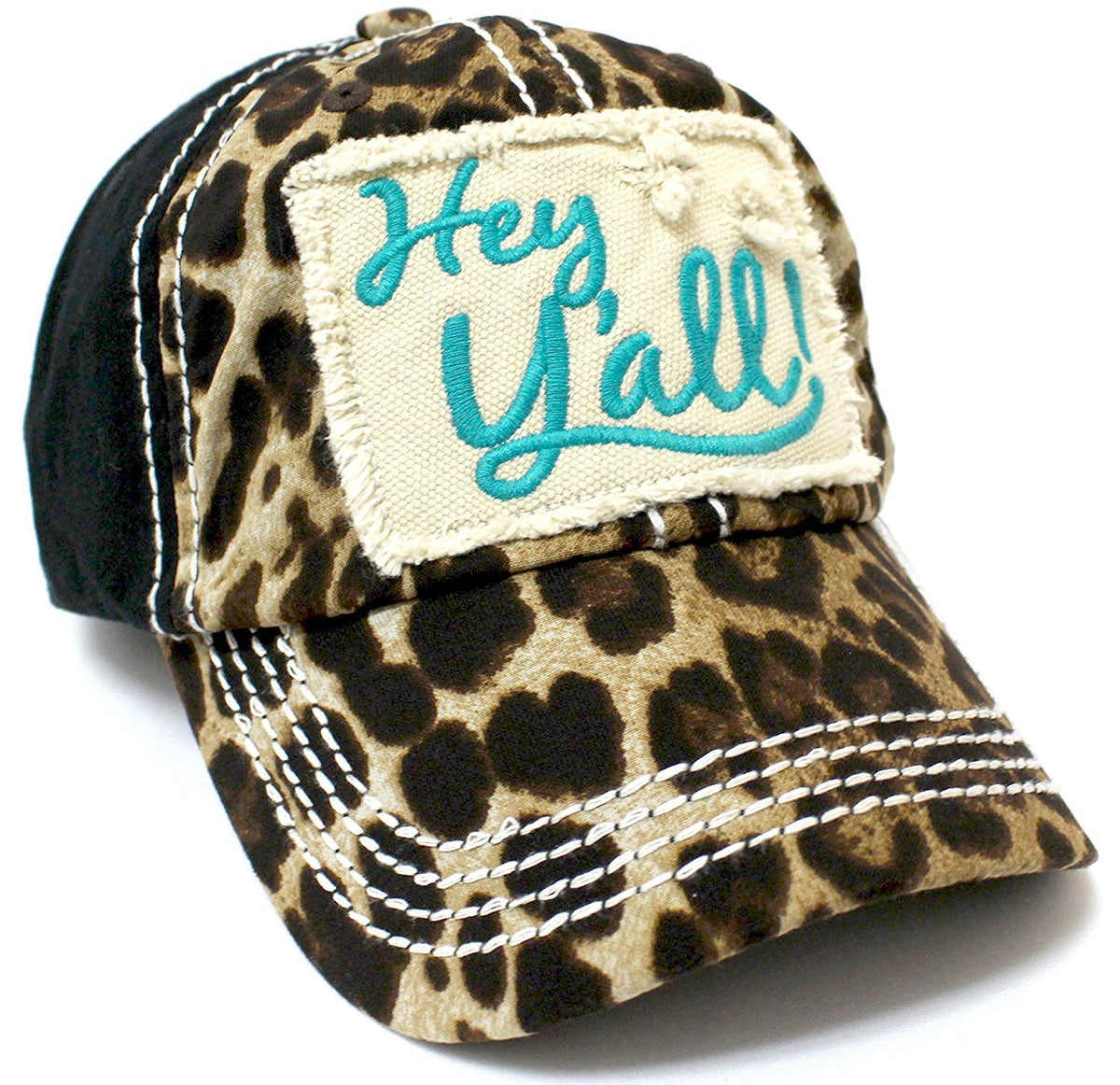 LEOPARD & TURQUOISE "Hey Y'all!" Patch Embroidery Cap/ Vintage Hat - Caps 'N Vintage 