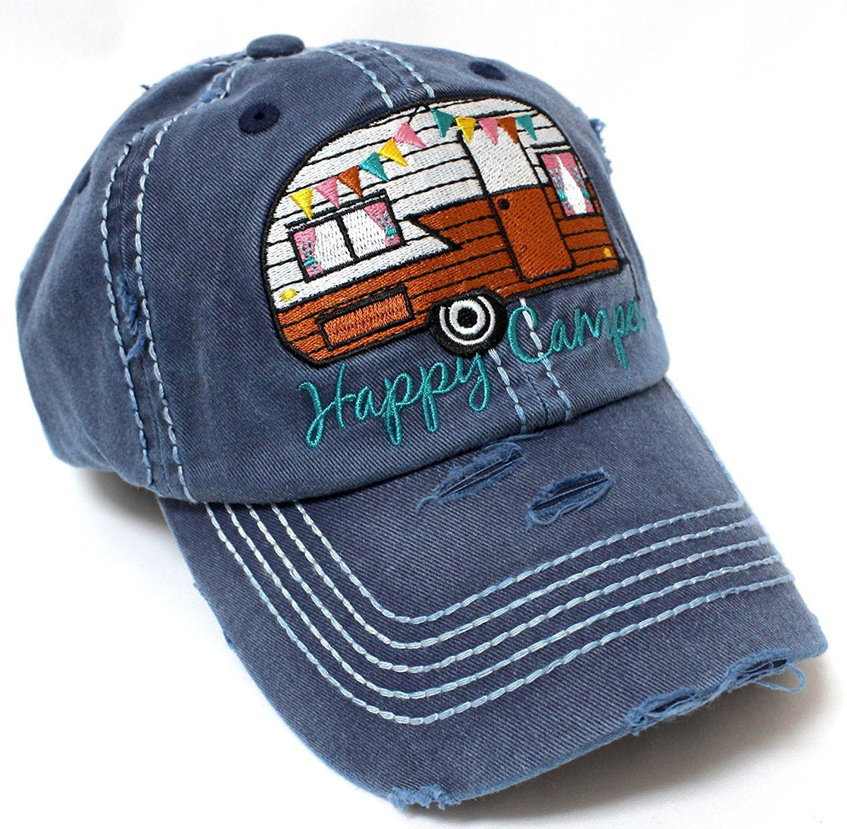 Navy-Jean Blue "Happy Camper" Baseball Hat - Caps 'N Vintage 