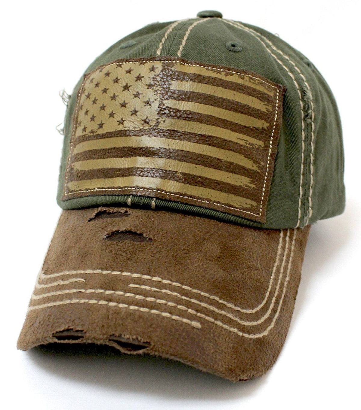 New!! Army Green/Tan Suede Bill American Flag Vintage Baseball Hat - Caps 'N Vintage 