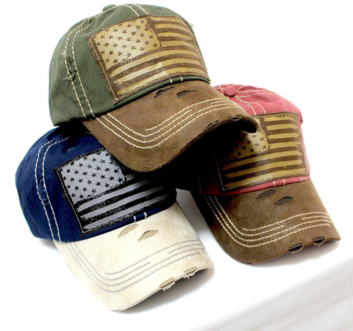 New!! Army Green/Tan Suede Bill American Flag Vintage Baseball Hat - Caps 'N Vintage 