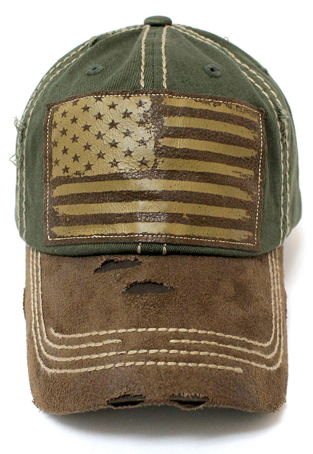 New!! Army Green/Tan Suede Bill American Flag Vintage Baseball Hat - Caps 'N Vintage 