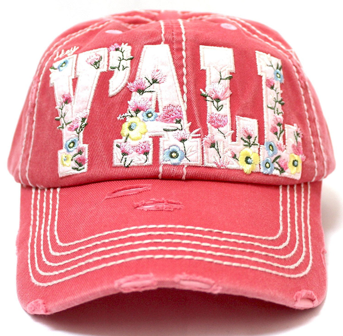 NEW! CORAL ROSE FLORAL "Y'all" Baseball Cap - Caps 'N Vintage 