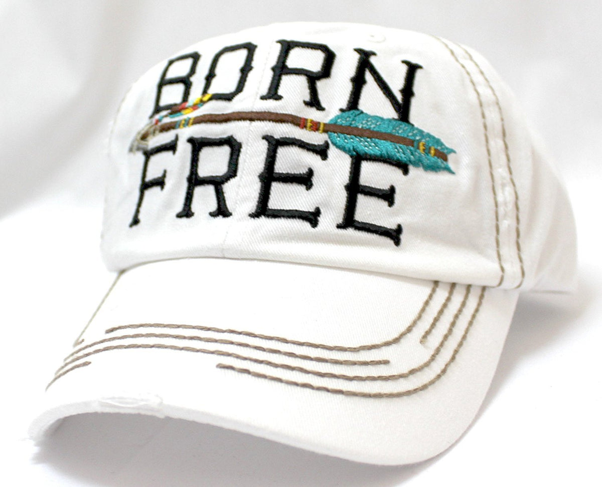 New! IVORY "BORN FREE" Distressed Vintage Cap w/ Arrow Embroidery Adjustable Back - Caps 'N Vintage 