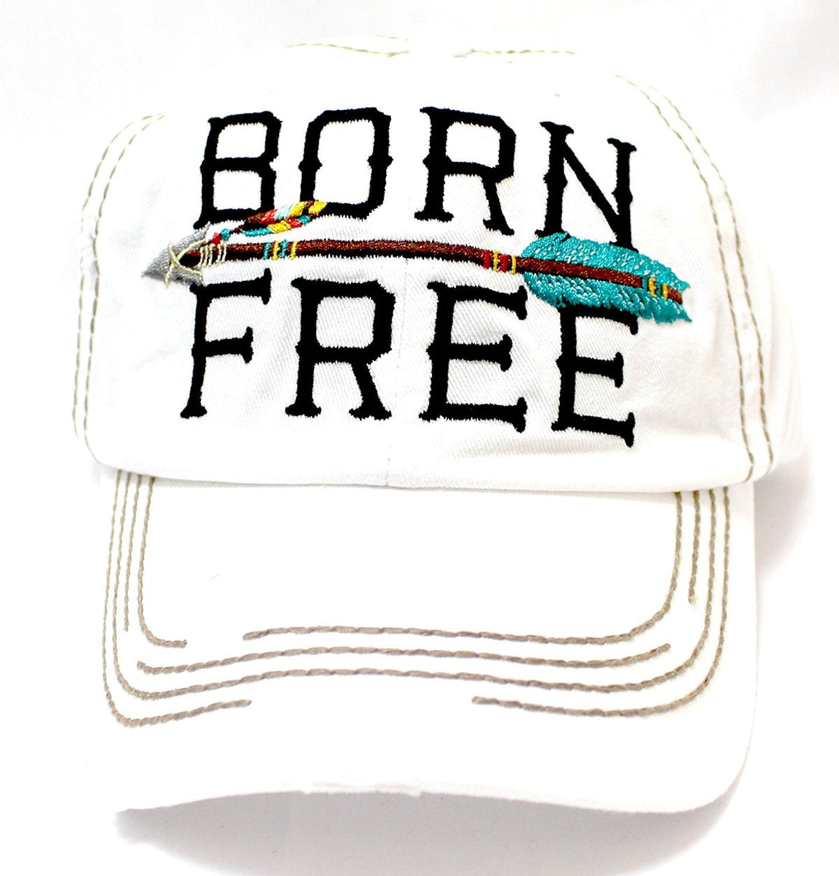 New! IVORY "BORN FREE" Distressed Vintage Cap w/ Arrow Embroidery Adjustable Back - Caps 'N Vintage 