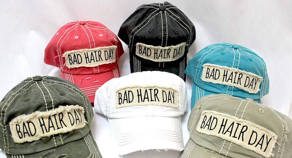 New! Khaki "BAD HAIR DAY" Embroidery Patch Baseball Cap - Caps 'N Vintage 