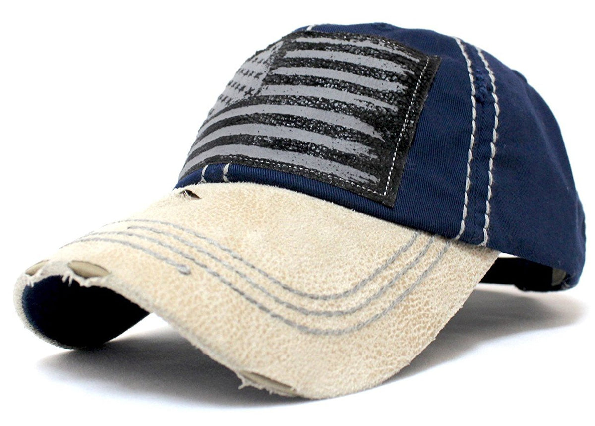 New!! Navy/Crème Suede Bill American Flag Vintage Baseball Hat - Caps 'N Vintage 