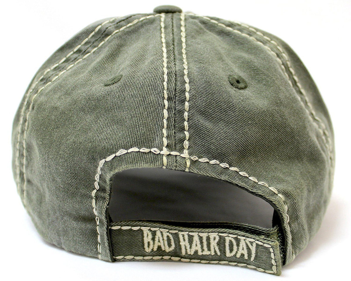 New! Olive "BAD HAIR DAY" Embroidery Patch Baseball Cap - Caps 'N Vintage 