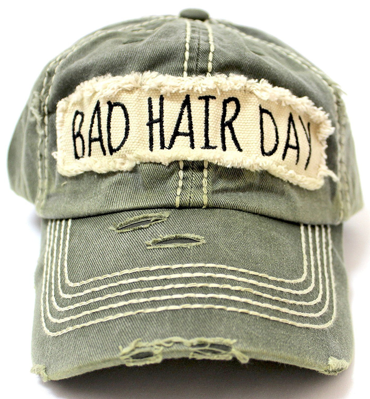 New! Olive "BAD HAIR DAY" Embroidery Patch Baseball Cap - Caps 'N Vintage 
