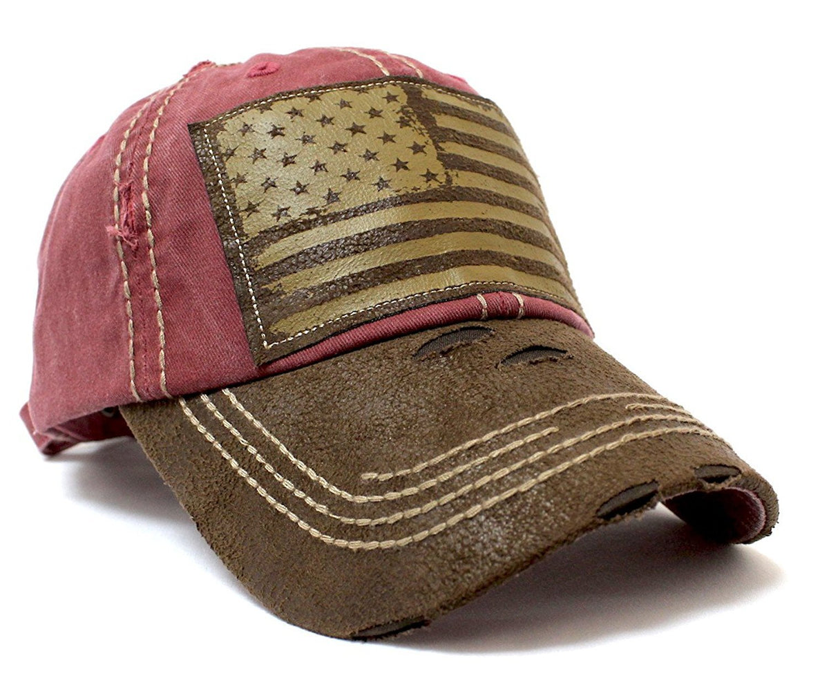 New!! Rose Pink/Tan Suede Bill American Flag Vintage Baseball Hat - Caps 'N Vintage 