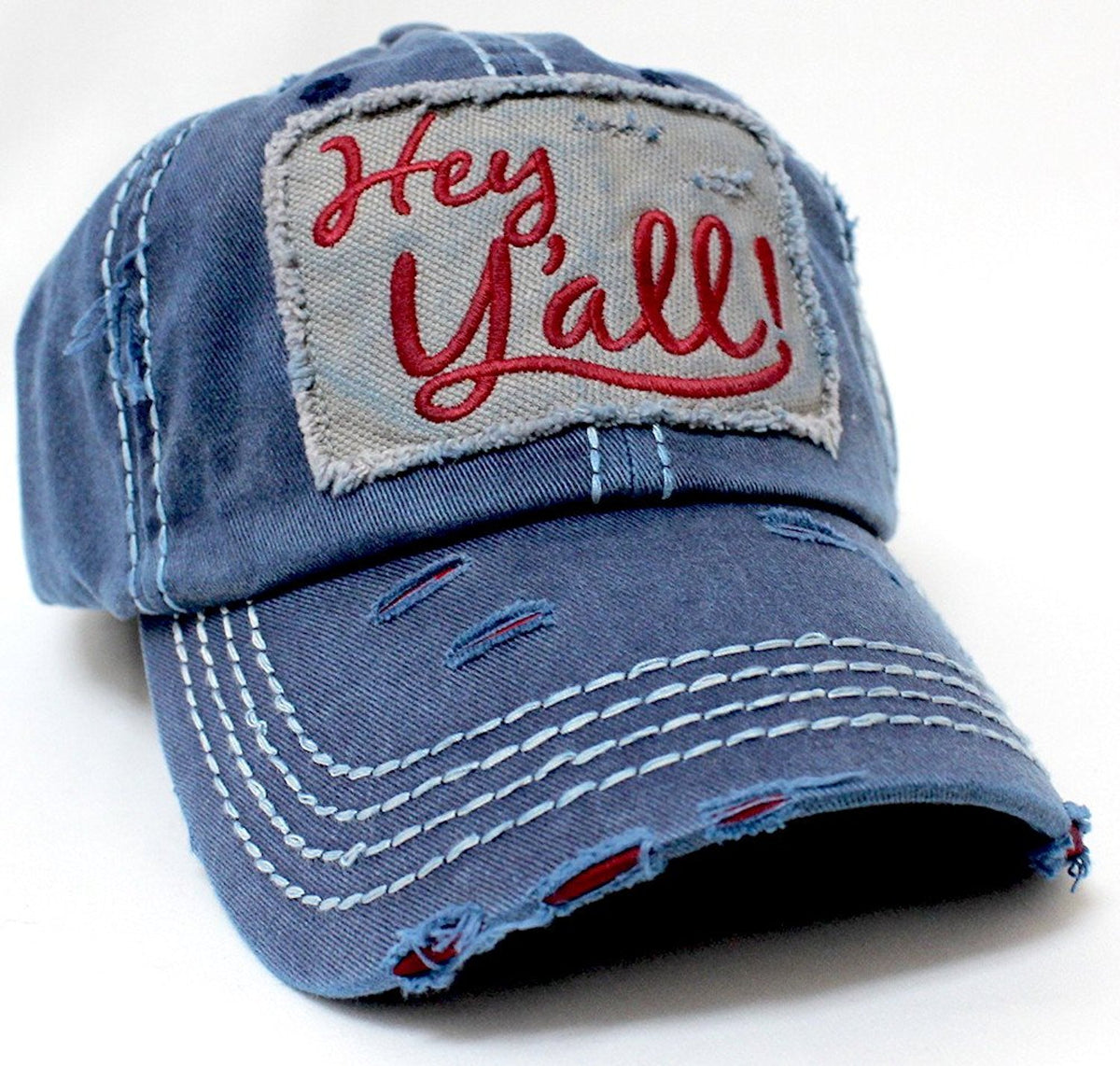 NEW!! Washed NAVY/Tangerine "Hey Y'all!" Patch Embroidery Baseball Hat - Caps 'N Vintage 