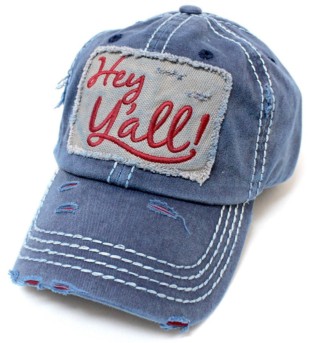 NEW!! Washed NAVY/Tangerine "Hey Y'all!" Patch Embroidery Baseball Hat - Caps 'N Vintage 