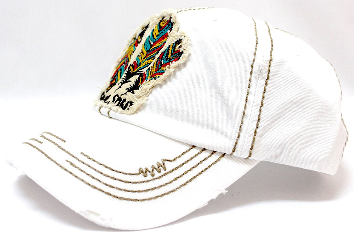 NEW! WHITE Feather "Free Spirit" Patched Distressed Vintage Cap - Caps 'N Vintage 
